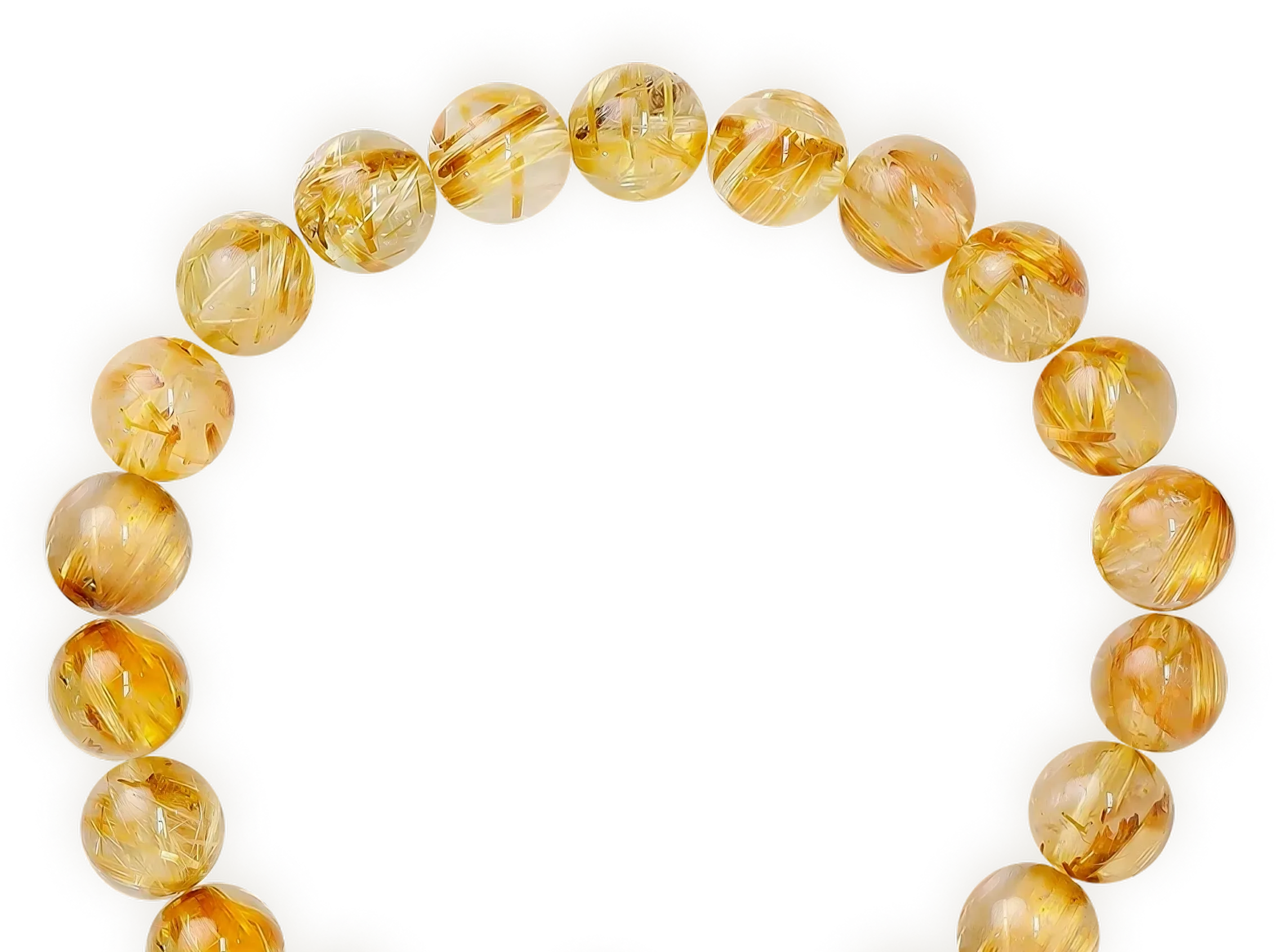 A round beaded polished bracelet with transparent Citrine beads featuring golden rutile streaks, strung on an golden thread.